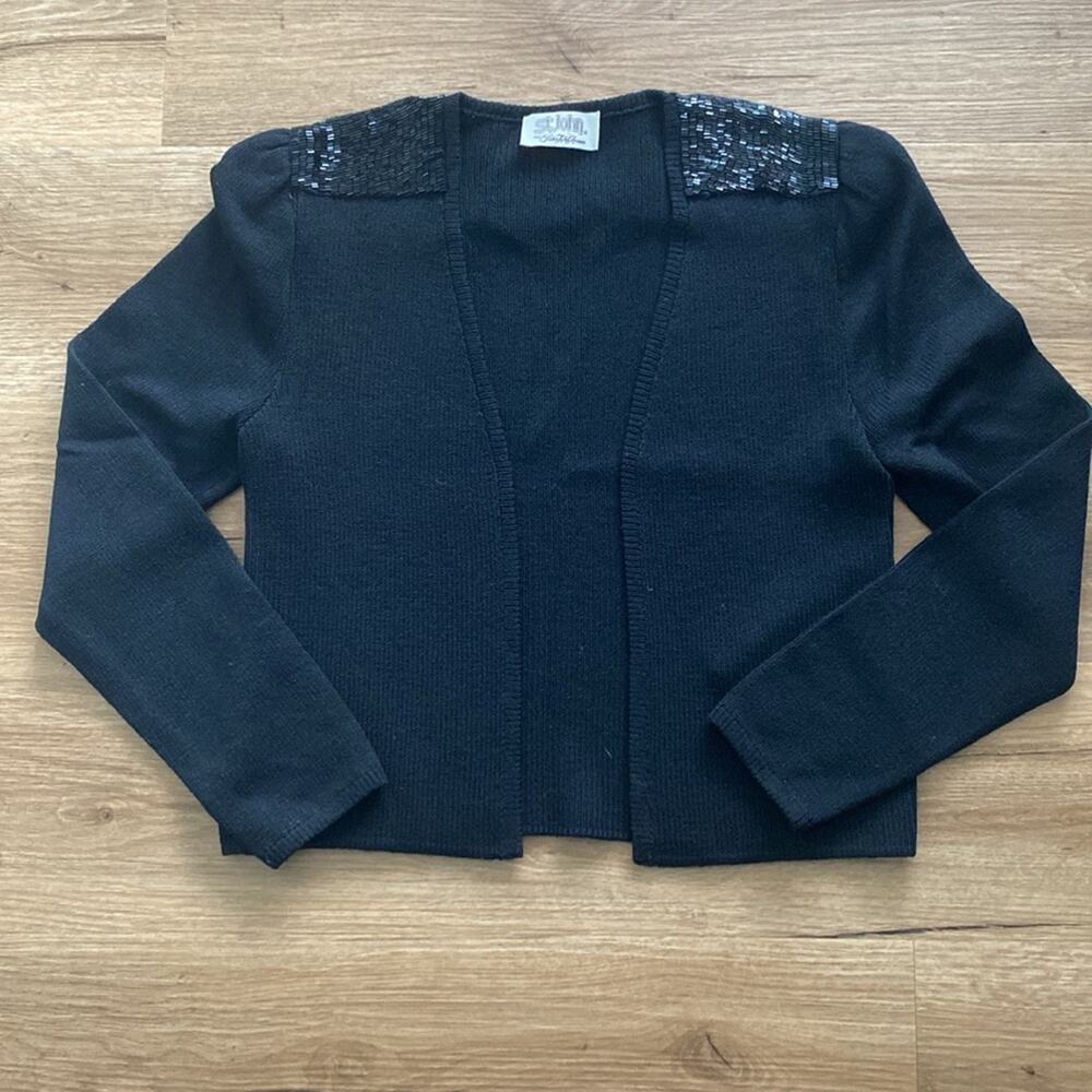 Vintage St John Black Beaded Santana Knit Jacket Cardigan sz Small